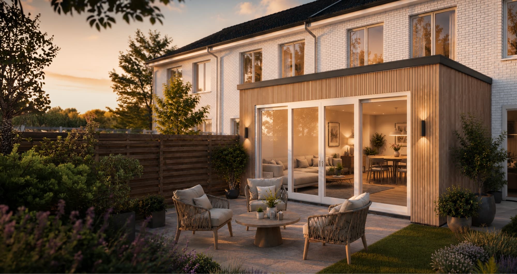 Prefab aanbouw met grote schuifpui en terras in de avondzon