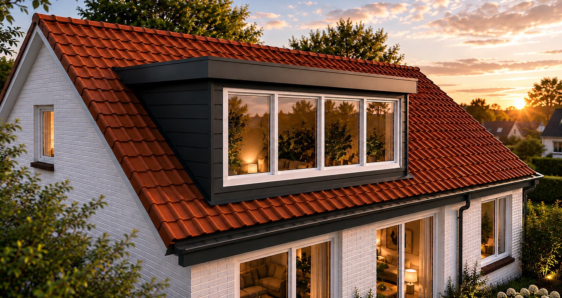 Prefab dakkapel op een pannendak in de avond